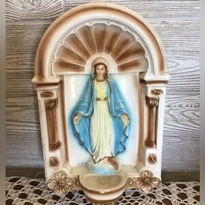 Vintage Virgin Mary Wall Plaque with Blue and Cream Accents